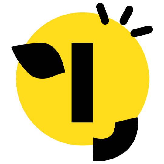 Geel-zwart icoon met gestileerde ‘i’ in een vrolijk abstract gezicht – logo van Happy Vegan