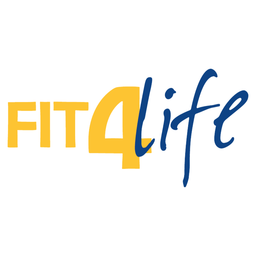 Logo Fit4Life – geel ‘Fit’ en ‘4’, blauwe cursieve ‘life’